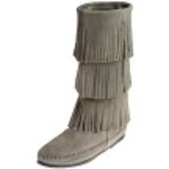 Minnetonka Moccasins 3 Layer Fringe Calf High Grey Suede Boots Size 7 - Picture 10 of 10